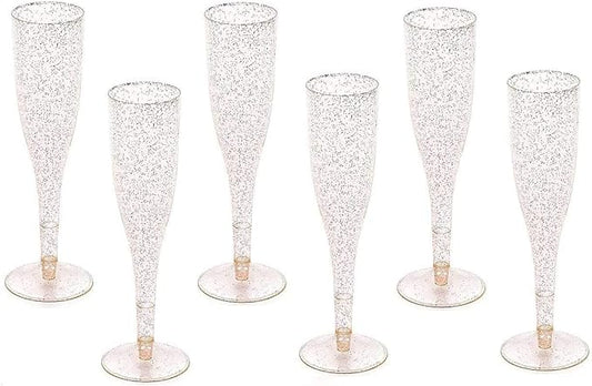 Oojami 100 Plastic Classic Champagne Disposable Flutes for Parties Plastic cups Wedding Party Toasting Cocktail Cups Bulk Party Pack (Gold Glitter)