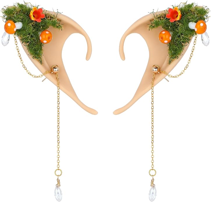 FRESHME Forest Mushroom Elf Ears, Soft Fairy Ears with Mushroom Moss and Flower Elven Ear Cuffs Halloween Renaissance Cosplay