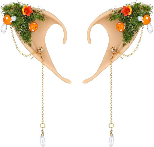 FRESHME Forest Mushroom Elf Ears, Soft Fairy Ears with Mushroom Moss and Flower Elven Ear Cuffs Halloween Renaissance Cosplay