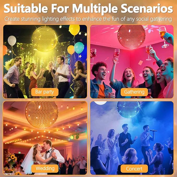 12 Inch LED Light Silver Disco Ball,Silver Glass Mirror Ball Light for Party, Christmas Decorations,USB Powered Mirror Disco Ball for Nightclub,Bar,Wedding,DJ Party Lighting(12inch)