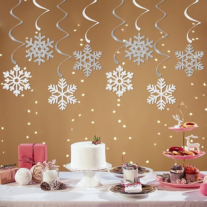 Snowflake-Snow White-Silver Christmas Party-Decoration Garland - 24PCS Frozen Winter Wonderland Ornaments Hanging Paper Streamers,New Years Birthday Holiday Classroom Ceiling Decor Burgleda