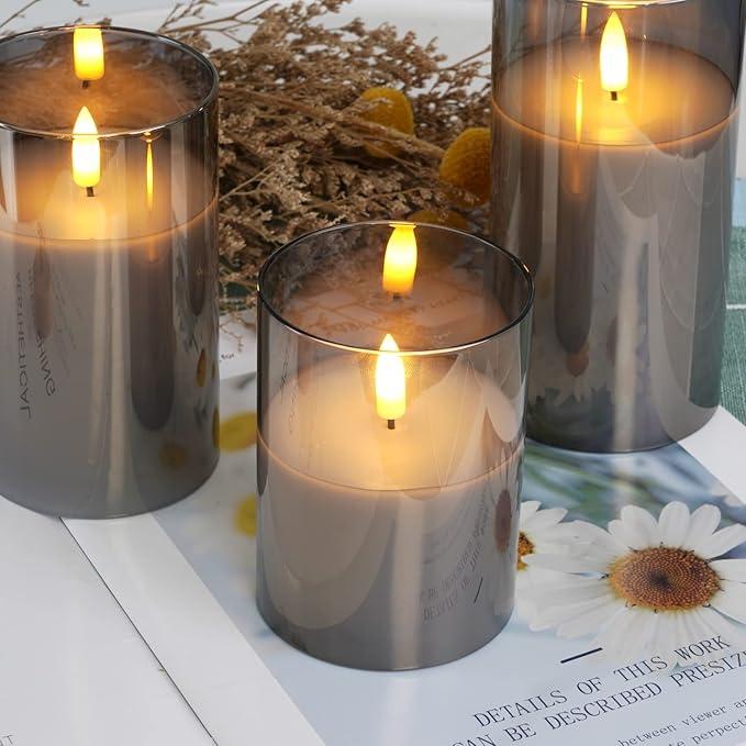 Amagic Grey Glass Flameless Candles, Halloween Battery Operated Candles, LED Pillar Candles with Remote Control and Timer, Electric Fake Candles for Holiday Spooky Decor, Wax, D3 H4 5" 6", Set of 3