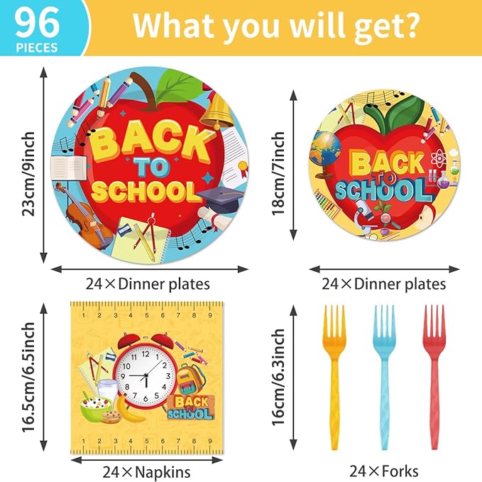 96 Pcs Back to School Decoration Disposable Tableware Set - Cartoon Back to School Apples Pencils Clock Paper Plates Napkins Forks First Day of School Theme Party Supplies Serve 24 Guests