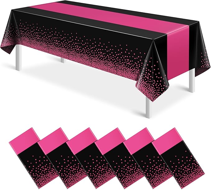 6Pcs Black Hot Pink Tablecloth Party Decorations,Plastic Black Table Cloth Printed Hot Pink Table Runner Disposable Rectangle Cover for Birthday Wedding Anniversary Graduation Party,54x108 Inch