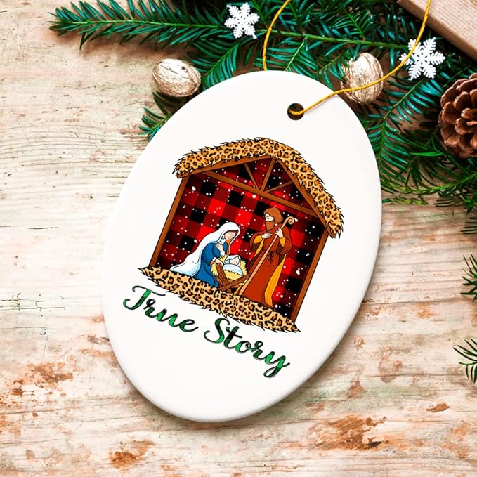 Religious Themed Christmas Ornaments, Nativity and Jesus Christ Decorations - True Story Nativity Plaid Birth of Christ Ornament