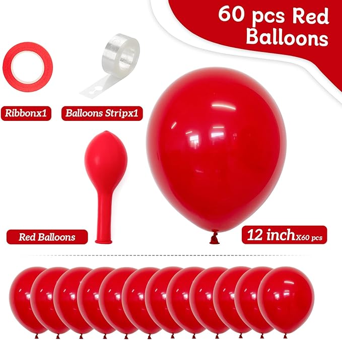 Red Balloons 60 PCS 12 Inch Latex Balloon for Balloon Garland or Balloon Arch as Birthday Party Baby Shower Wedding Christmas Valentine's Day Anniversary Party Decoration