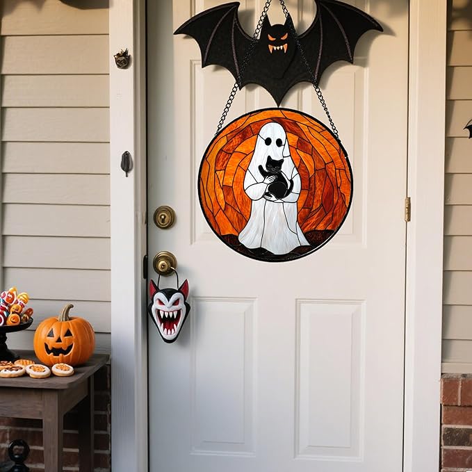 Stained Glass Window Hanging - Halloween Cute White Ghost Black Cat Suncatcher for Doors Garden Home Spooky Orange Sun Catchers Gothic Decor Horror Gift for Women Men Friend Boy Girl 11.8 in
