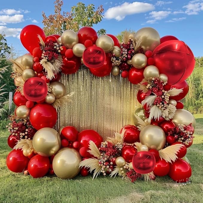 Red and Gold Balloon Garland Double Stuffed Ruby Red Gold Balloons Arch Kit With Mylar Balloon for Christmas New Year Baby Shower Valentine Anniversary Birthday Party Decoration