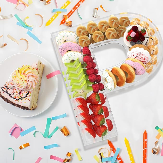 11" Acrylic Letter Charcuterie Box, Reusable Fillable Alphabet Number Shaped Form Tray for Birthday Anniversaries, Party Decorative Serving Plates Display Candy Cake (P)