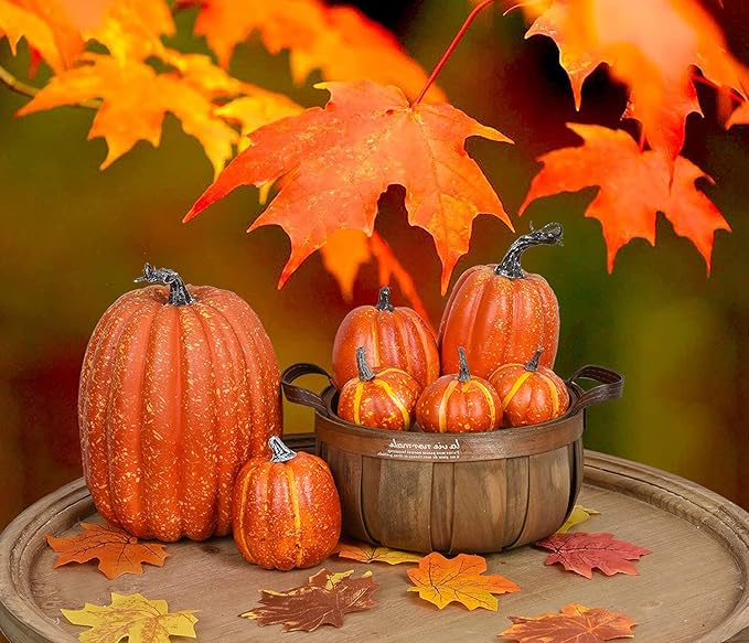 Lvydec Artificial Pumpkins Set Harvest Decoration, 7pcs Assorted Size Orange Pumpkins Realistic Large Pumpkins for Halloween Thanksgiving Autumn Festive Party Supplies (Orange)