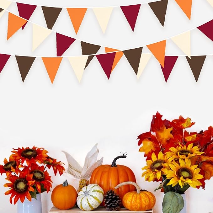32Ft Fall Party Decorations Burgundy Orange Brown Triangle Flag Fabric Pennant Garland Bunting for Happy Fall Decor Thanksgiving Day Harvest Autumn Wedding Birthday Party Outdoor Garden Hanging Decor