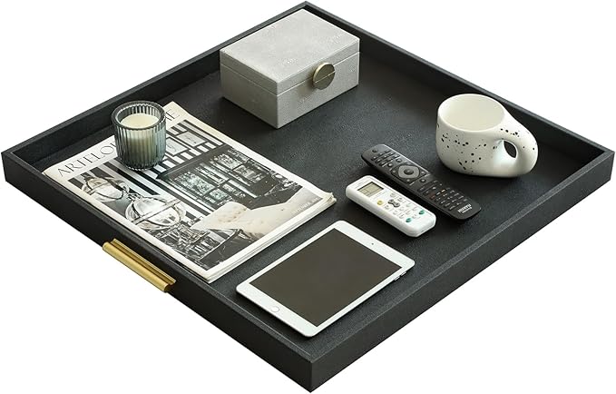 HofferRuffer Extra Large Square Serving Tray, Elegant Faux Leather Ottoman Tray with Gold Hardware Handles, Serve Tea, Coffee or Breakfast in Bed, 24 x 24 inches (Black Shagreen)