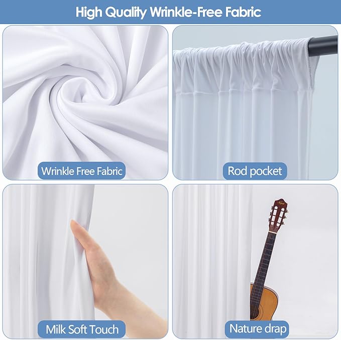 20x10ft Wrinkle Free White Backdrop Curtain for Parties Soft Fabric Drapes Wedding White Curtain Backdrop for Birthday Party Decorations Background for Photography 5x10ft, 4 Panels