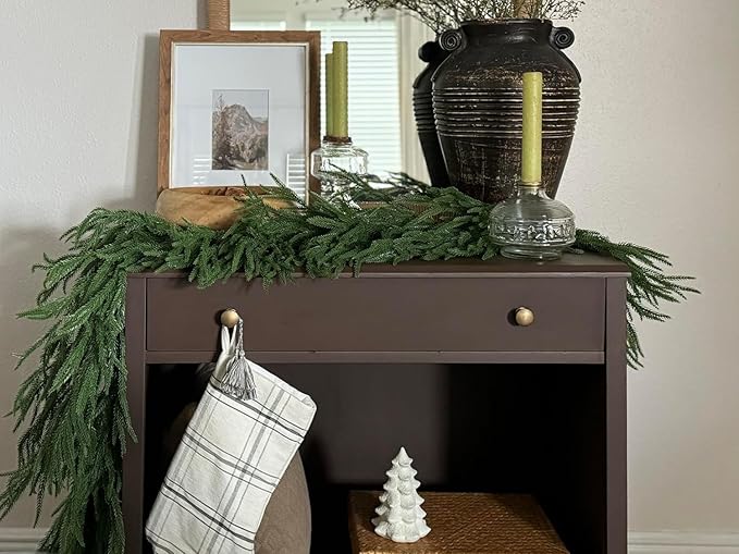 Senjie Christmas Garland Norfolk Pine Garland Real Touch Artificial Greenery Garland for Mantle Fireplace Table Indoor Outdoor Holiday Decortions 5FT 2PCS