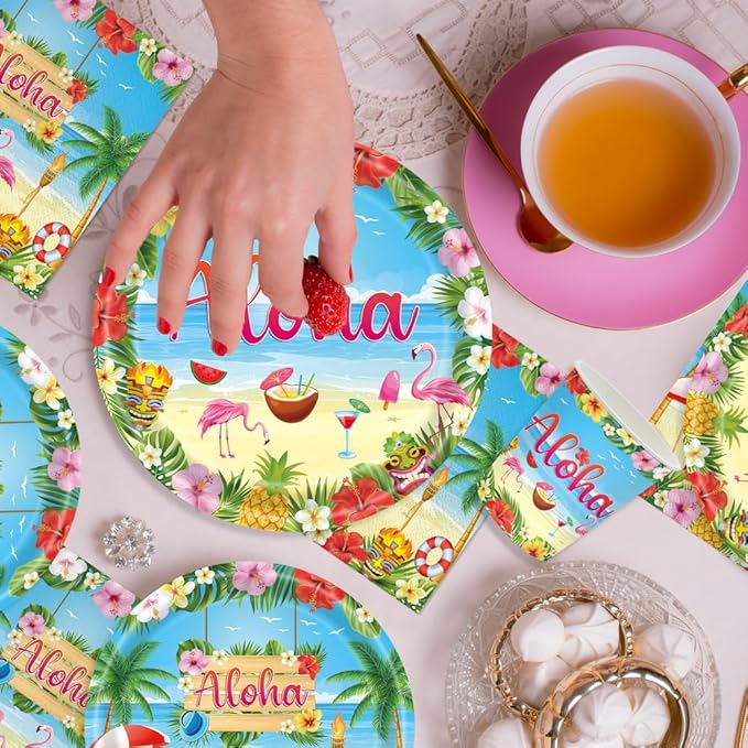 140pcs Luau Party Supplies Party Tableware for Aloha Hawaiian Party Decorations Dinnerware Set Serves 20 + Guests for BBQs & Summer party