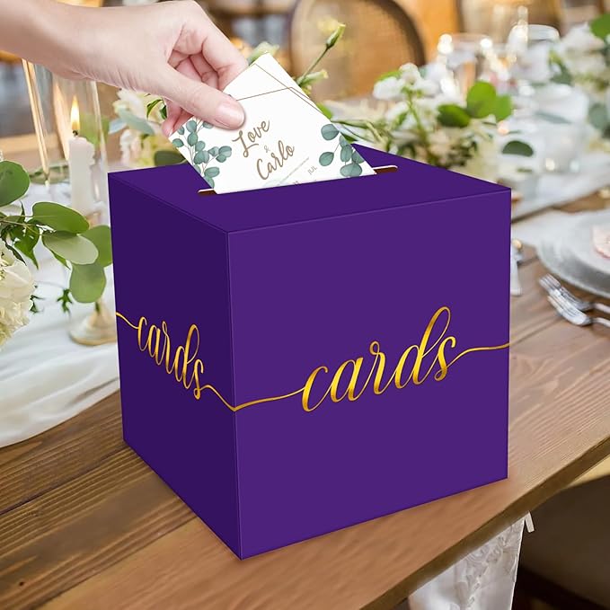 1 Pack Purple and Gold Foil Card Box for Party, 8.7" Purple Gift Card Box Money Box for Birthday, Wedding, Baby Shower, Retirement, Anniversary, Bridal Shower, Graduation, Raffle Ticket