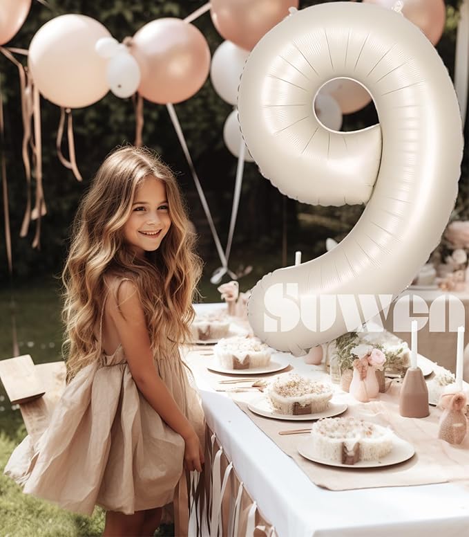 SUWEN 40 Inch Cream White Large 9 Number Balloons Big Foil Helium Number Balloons 0-9 Jumbo Happy 9th Mylar Birthday Party Decorations for Boy or Girl Anniversary Party Supplies
