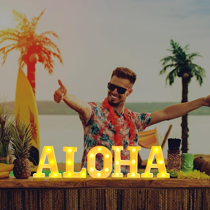 5 Pcs Hawaiian Luau Party Decorations Aloha Light up Sign Aloha LED Marquee Letter for Party Decorations Battery Powered Tropical Alphabet Letter Summer LED Lights for Wedding Night Birthday