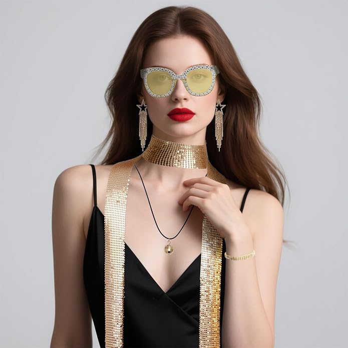 6 Pcs 70s Women Disco Accessories Sequin Scarf Headband Bracelet Necklace Earrings Sunglasses for Halloween Disco Costume