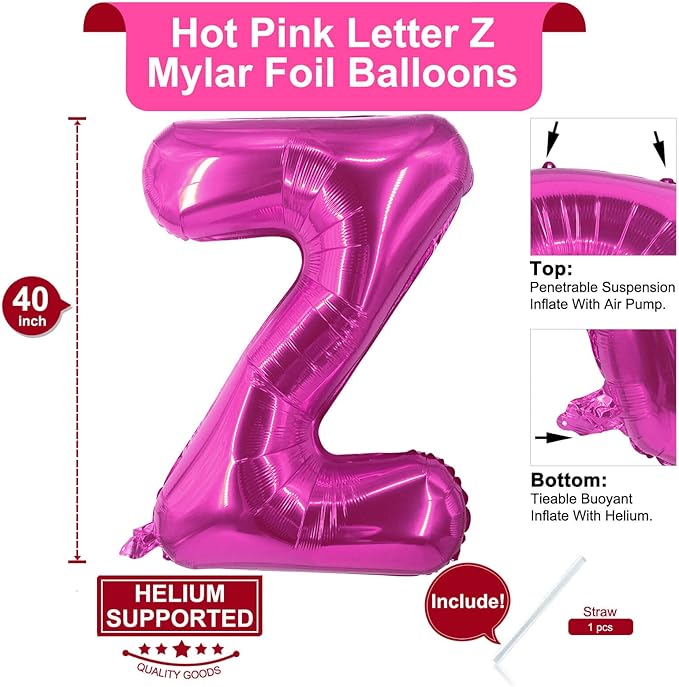 Lovoir 40 Inch Large Hot Pink Letter Z Balloons Big Size Jumbo Mylar Foil Helium Balloon for Birthday Party Celebration Decorations Alphabet Hot Pink Z