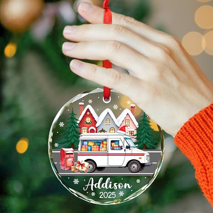 Mail Carrier Christmas Glass Ornament 2025, Personalized Mail Truck Xmas Tree Ornament Gifts for Mailman Postal Worker & Driver, Christmas Truck Decor, Customized Name Mailman Ornaments Xmas