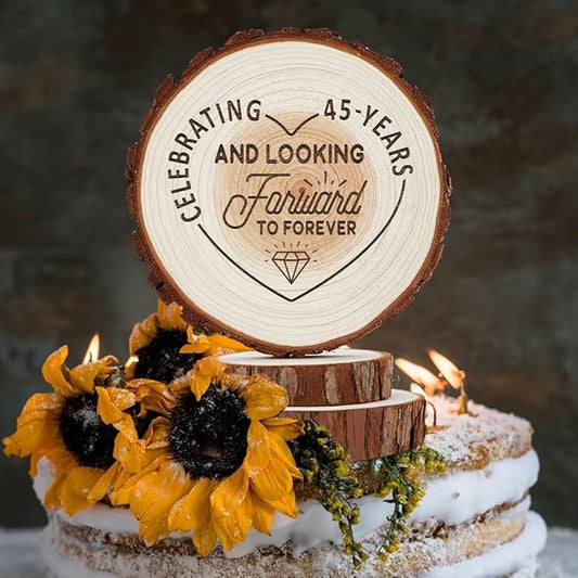 Anniversary Cake Topper - Personalized 45th Wedding Cake Toppers, Celebrating 45 Years and Looking Farward to Forever Custom Wood Rustic Decorations, Cheers to 10, 16, 25, 30, 50, 70 Birthday Gifts