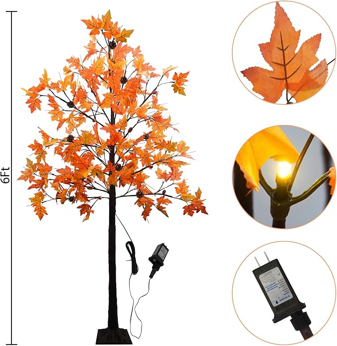 6FT Prelit Fall Maple Tree Decor, 128 LEDs with 8 Acorns 8 Pine Cones & Timer 8 Flashing Modes Artificial Maple Tree Thanksgiving Decor for Fall Home Autumn Halloween Harvest Indoor Outdoor