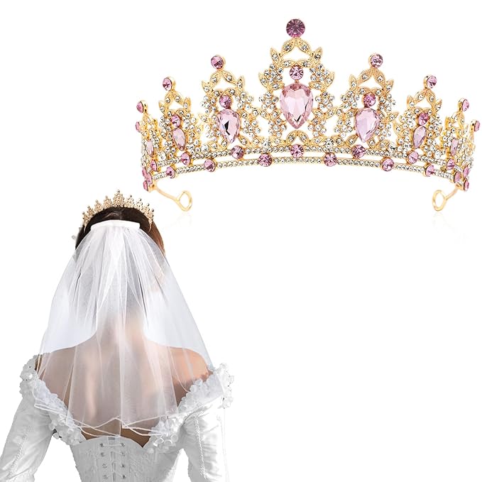 Gold Crown and Wedding Veil Set Crown Headband Pink Tiara Wedding Crown for Bride Pink Crown Bachelorette Veil Wedding Veil Headband Tiara Adult for Bachelorette Wedding Party Anniversary