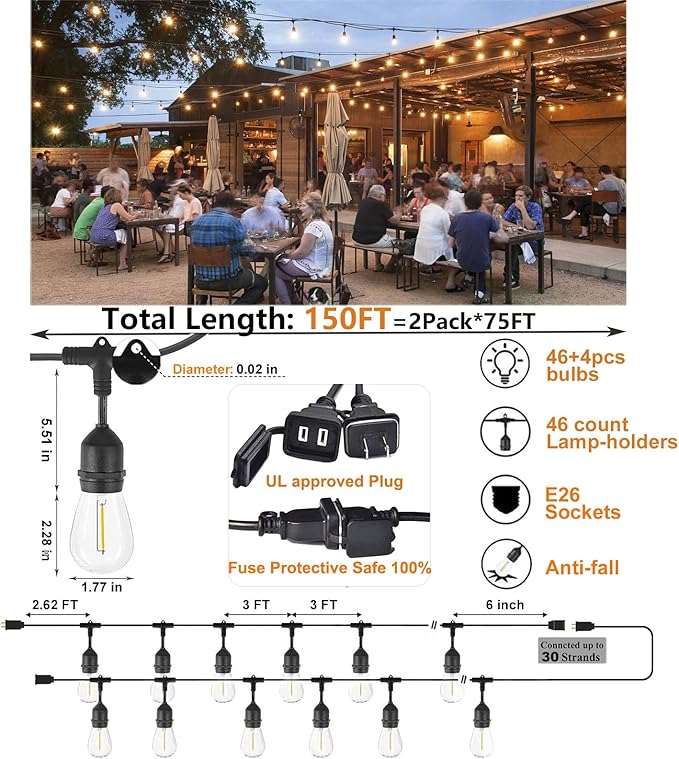 Outdoor String Lights LED 150FT Waterproof Heavy-Duty Patio Lights String with 50 Dimmable Shatterproof Plastic Edison Bulbs(4 Extra) for Gazebo Pergola Bistro Lights Connectable
