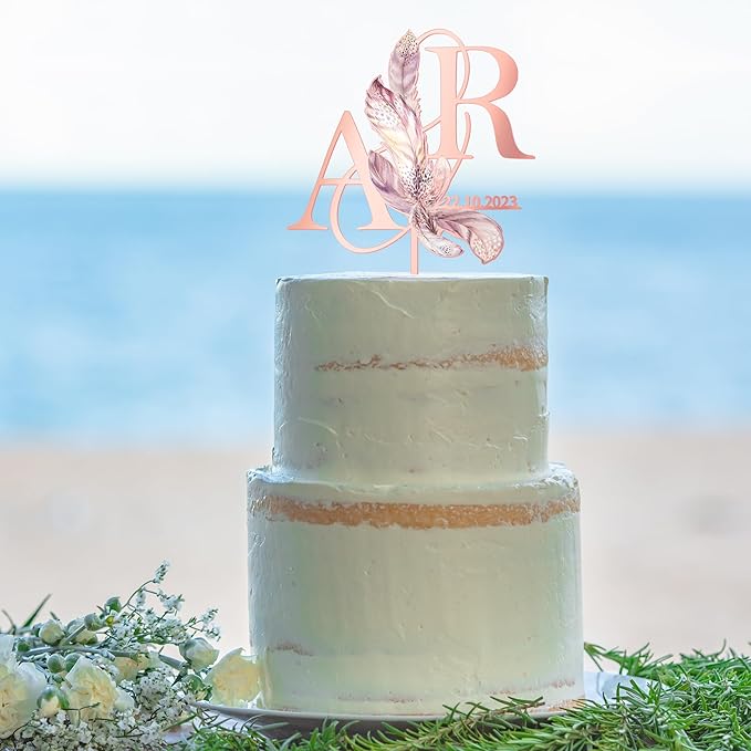 Personalized Boho Wedding Cake Topper in Acrylic Custom Bride and Groom Initial Cake Topper Wedding Date Cake Decoration (Boho Feather)