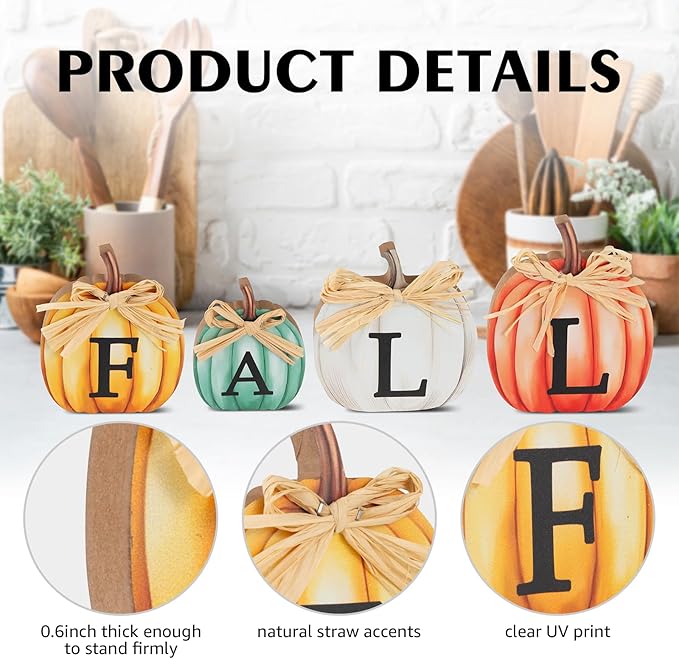 4 PCS Fall Pumpkin Wooden Signs Autumn Small Table Decoration Tiered Tray Pumpkin Tabletop Decor for Thanksgiving Home Kitchen Harvest Party Decor