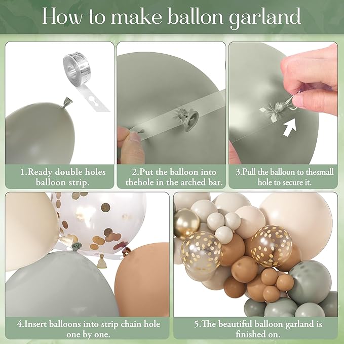 Amandir 173Pcs Dusty Green Nude Balloon Arch Garland Kit, Blush Cream White Sand Avocado Green Brown Gold Confetti Balloons for Neutral Baby Shower Gender Reveal Wedding Birthday Party Decorations