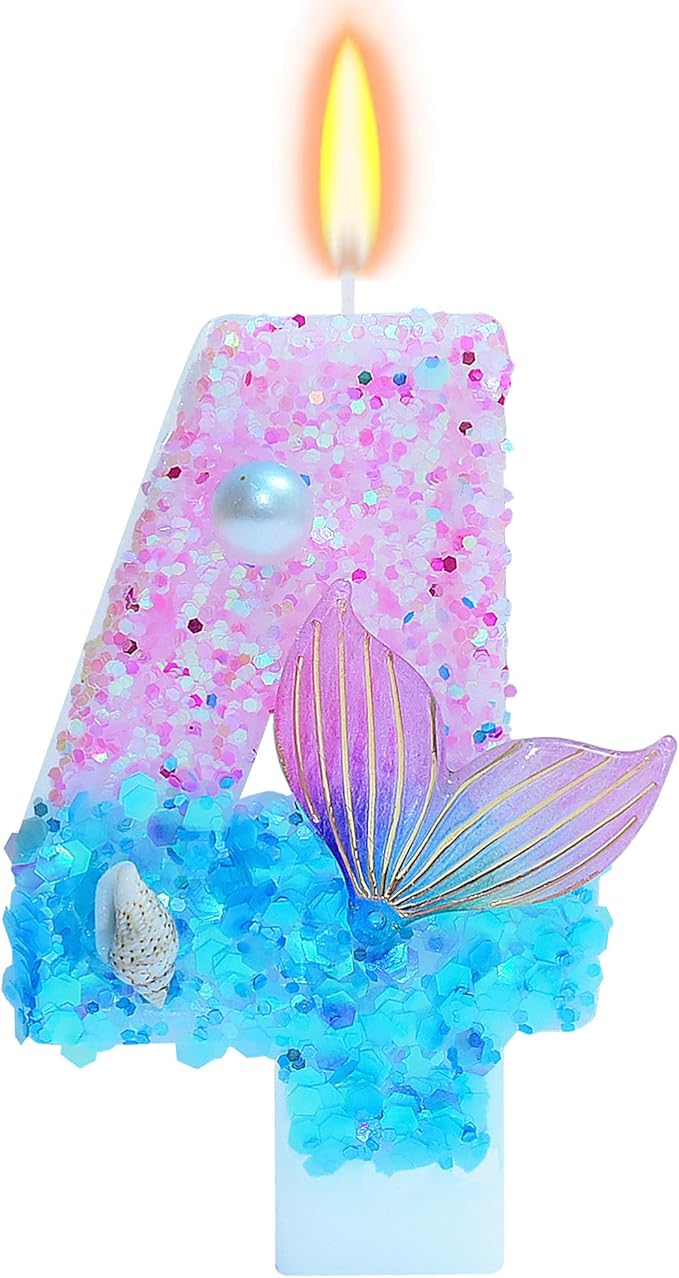 Mermaid Themed Birthday Candles, Number 4 Girls Glitter Birthday Party Supplies,Anniversary Party Decor,2.87 inch Cake Topper Decorations (Mermaid Themed, Number 4)