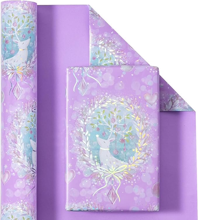 WRAPAHOLIC Reversible Purple Christmas Wrapping Paper - Mini Roll - 17 Inch x 33 Feet - Purple Reindeer and Christmas Garland with with Metallic Foil Shine for Holiday, Party Celebration