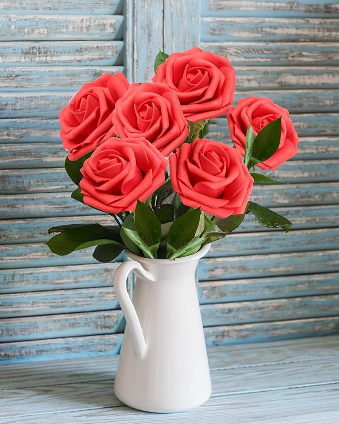 JOYLEX Artificial Flowers Realistic Red Roses, 100pcs Real Looking Fake Roses with Stem for DIY Wedding Bouquets Centerpieces Bridal Shower Party Home Romantic Decorations (Red)