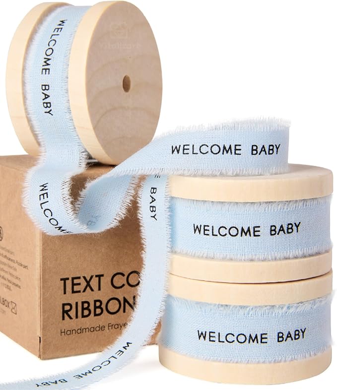 Vitalizart Welcome Baby Cotton Ribbon 5/8 Inch Natural Handmade Frayed Fringe Ribbons 15 Yd for Baby Shower Crafts Decor Gift Wrapping