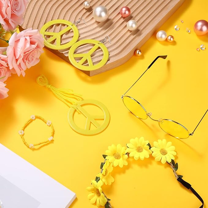 Batiyeer 6 Pcs Hippie Costume Accessories Set, Boho Peace Sign Daisy Flower 60s 70s Party Favors Decor for Groovy Party Women(Yellow)