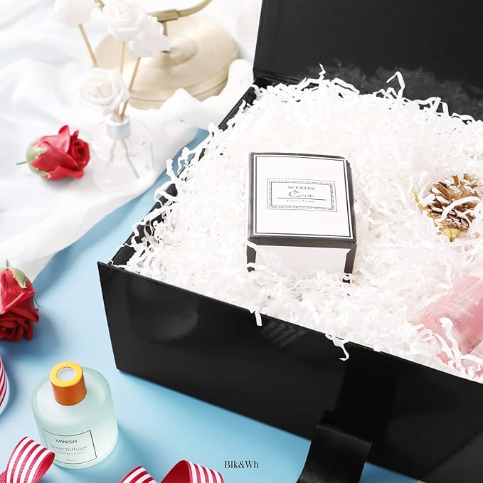 BLK&WH Large Gift Box with Ribbon 13.5x9x4.1 Inches, Black Gift Box with Lid Large, Groomsman Proposal Box, Luxury Magnetic Box for Presents (Glossy Black)