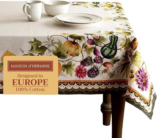Maison d' Hermine Table Cloth Rectangle Table 100% Cotton 60 x 120 Inches Fall Tablecloth Reusable Everyday Use for Thanksgiving Christmas Decorations Dining Farmhouse (Pumpkin Garden - Cloudy Cream)