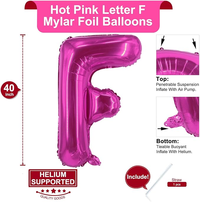 Lovoir 40 Inch Large Hot Pink Letter F Balloons Big Size Jumbo Mylar Foil Helium Balloon for Birthday Party Celebration Decorations Alphabet Hot Pink F
