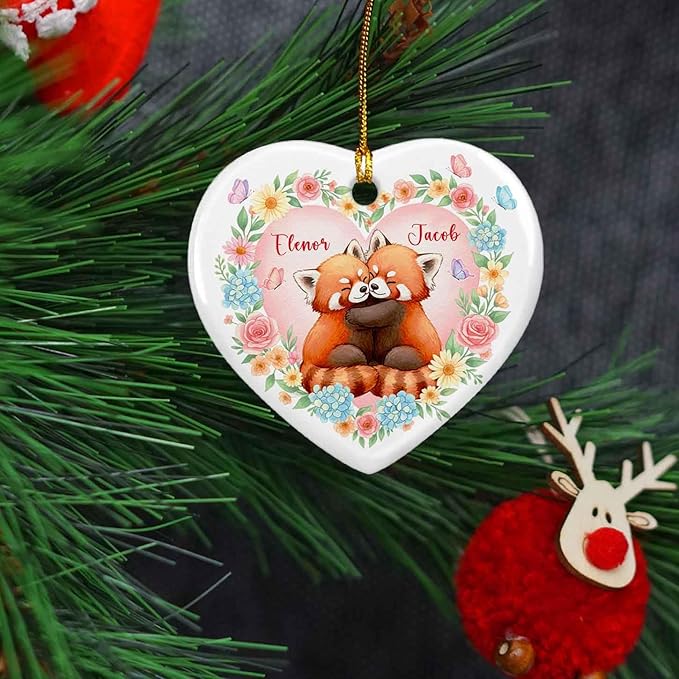 Couple Red Panda Together Ornament Christmas, Personalized Couple Engaged Ceramic Ornament Xmas, Red Panda Hugging Ornaments Gift for Boyfriend Girlfriend, Custom Names Married Christmas Keepsake