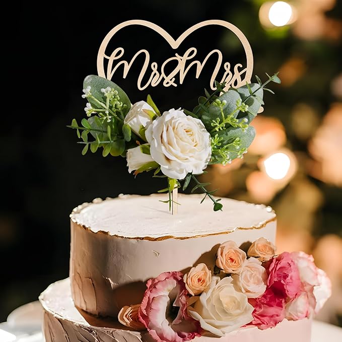 Mr & Mrs Wedding Cake Topper in Wood Heart Cake Topper with Flowers and Leaves