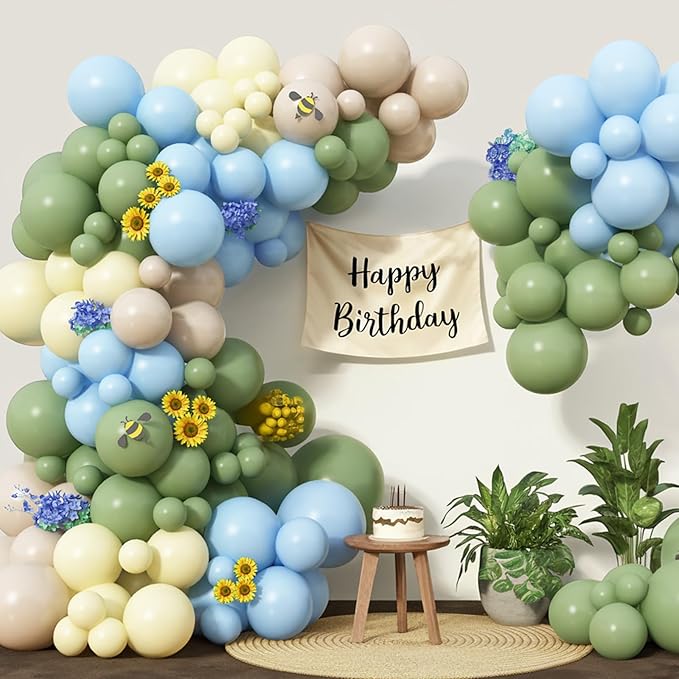 Green Blue Yellow Balloons Arch Dusty Blue Sage Green Beige Balloons Garland Kids Birthday Party Decorations Pastel Blue Yellow Olive White Latex Helium Balloon Bear Baby Shower