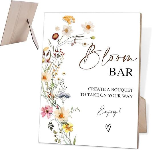 Flower Bloom Bar Sign, Wedding Decorations for Reception, Bridal Shower Party Decorations, Table Centerpieces for Party, Flower Bar Supplies, 6X8 Inch Wooden Bridal Shower Signs with Stand, 1