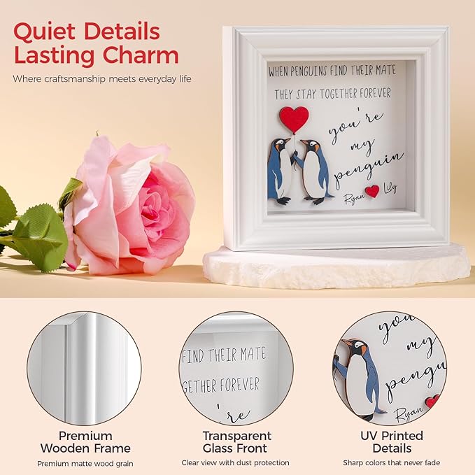 Valentine’s Day Gifts Shadow Box Frame – You Are My Penguin Gifts for Her Him, Cute Couple Gift, 3D Wooden Penguin Love Picture Frame, Anniversary Christmas Birthday Gift for Boyfriend Girlfriend (PenguinWH)