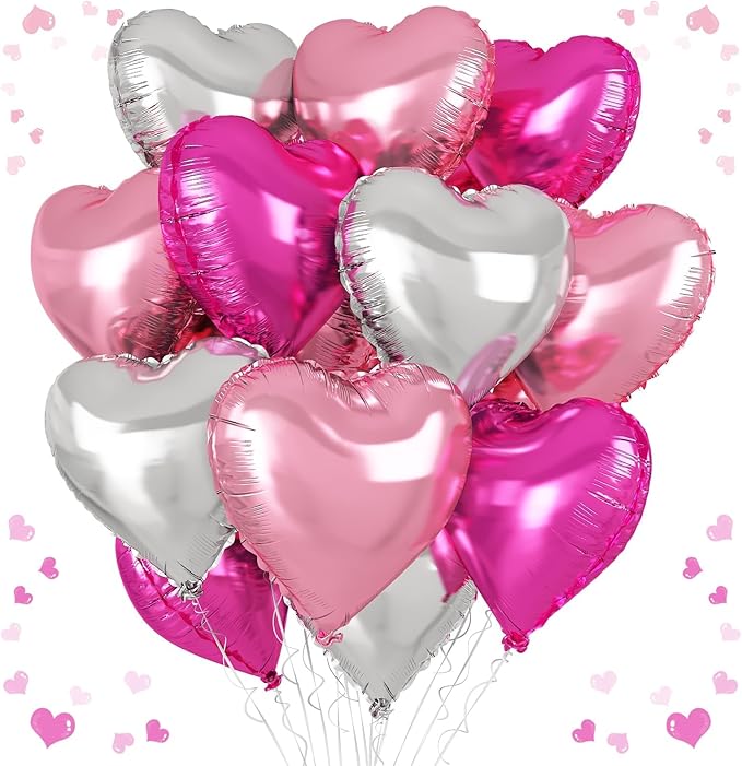Rose Red Silver Heart Balloons, 18 Inch Light Pink and Silver Heart Shaped Balloon, 12PCS Hot Pink Helium Foil Love Balloons for Birthday Engagement Wedding Valentine Party Decorations