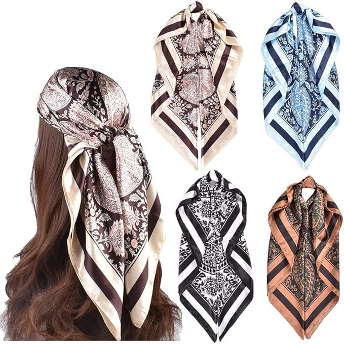 4Pcs Silk Head Scarves for Women Satin Hair Scarf 35”Large Square Bandana Silk Like Neck Scarf Shawl