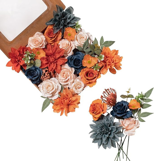 FANKO Rose Artificial Flowers Combo for DIY, Fake Burnt Orange & Navy Blue Rose Silk Flowers Greenery, Faux Flowers for Wedding Bridal Bouquet, Table Centerpieces, Floral Arrangement, Home Decoration