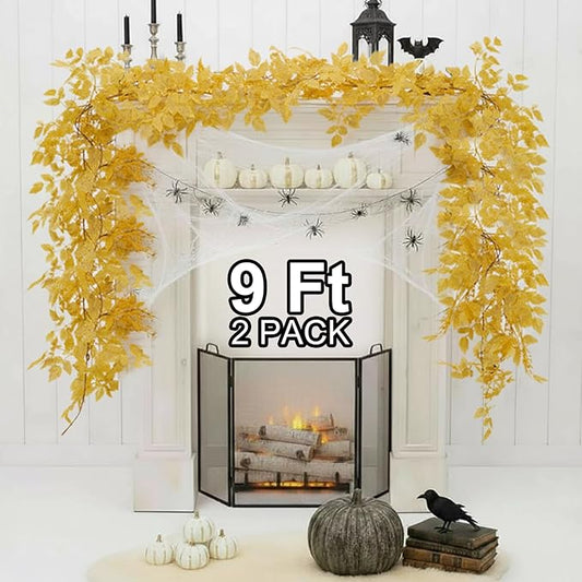 Neutral Fall Garland for Mantle Fireplace - 2 Pack 6Ft Plum Cimicifuga Seeded Leaf Garlands Yellow Autumn Décor Table Decorations for Home Indoor Door Halloween Realistic Leaves Garlands Outdoor