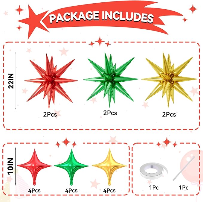 18 Pcs Red Green Gold Star Balloons, Christmas Stars Foil Balloon with 6 Pcs 22-Inch Explosion Star Balloons 12Pcs 10-Inch Four Pointed Stars Balloon for Christmas Birthday New Year Party Decor